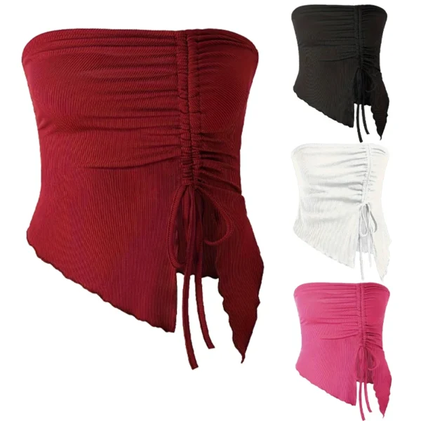 Red Asymmetrical One-Shoulder Sexy Top — Drawstring Slit Wrap Vest (Spring/Summer)