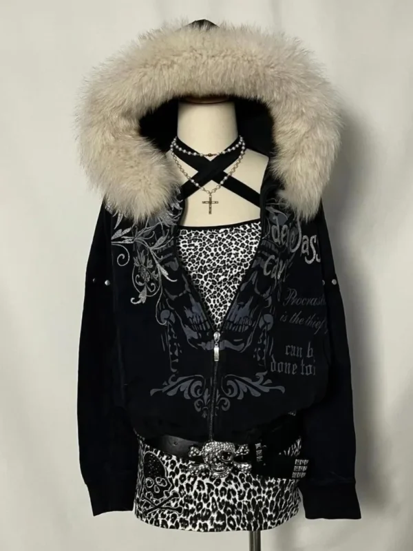 American Subculture Vintage Spice Girl Skeleton Black Mao Mao Hooded Printed Sweater Female Y2K Gothic Harajuku Plus Velvet Coat