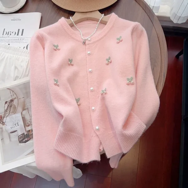 Pink Sweet Pearls Decorate Sweater Cardigan Woman Korean Fashion Print O Neck Knitwear Women Long Sleeve All Match Knitted Tops