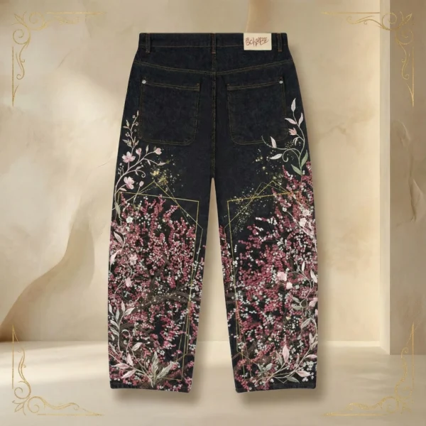 Y2K Cherry Blossom Embroidered Black Jeans Men and Womens Retro Loose Fitting Jeans Harajuku Casual Street Wide Leg Jeans