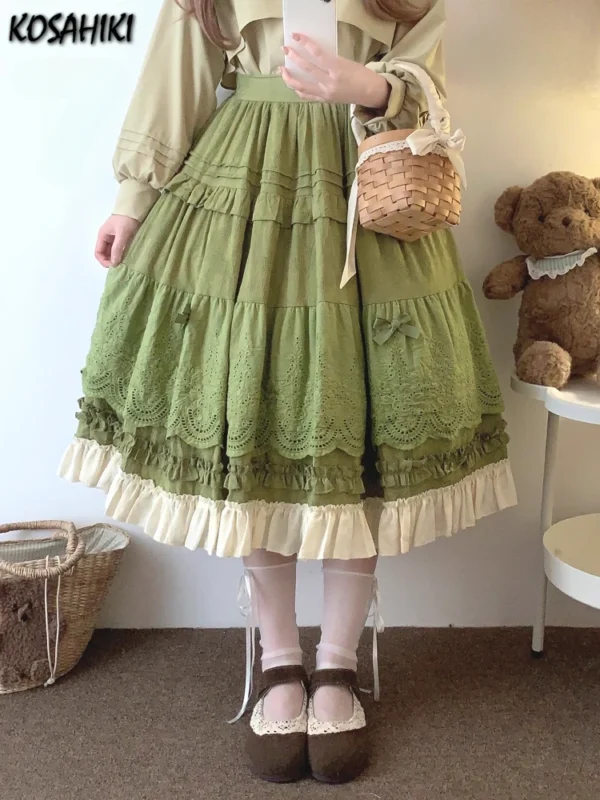 Japanese Lolita Contrast Patchwork Lace Sweet Skirts Women Vintage Ruffled Fairy Bow Faldas Jk Kawaii Elegant Y2k Grunge Skirt