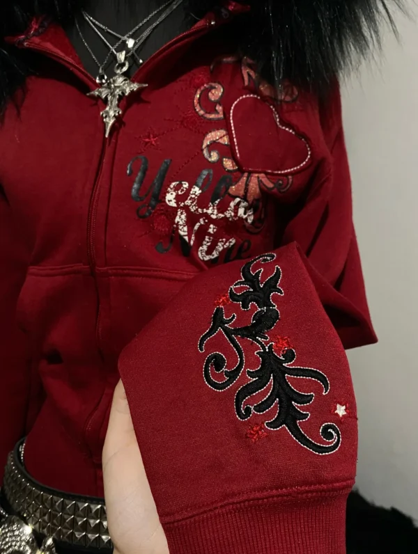 Y2K Gothic Style Fur Collar Hoodie, Retro Fashion Embroidered Letter Slim Fit Hoodie, Street Casual Sports Hoodie