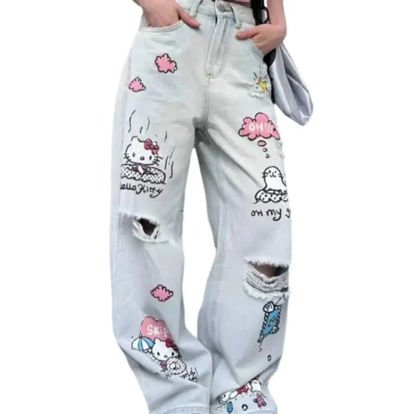 Kawaii Jeans Hello Kittys Ripped Wide-Leg Pants Cute Fashion Straight New Style Loose Comfortable Breathable Cartoon