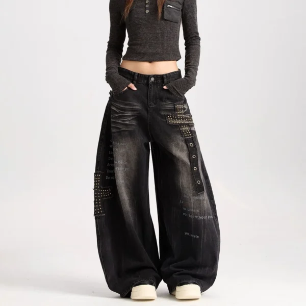 Women's High Waist Wide Leg Black Jeans Studded Cross Patch Letter Print Distressed Gothic Y2K Streetwear Loose Denim Trousers