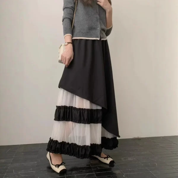 Black Asymmetrical Mesh Splicing Casual High Waist A- Line Skirt Women's Midi Skirt Irregular Design Comfortable Cotton Material