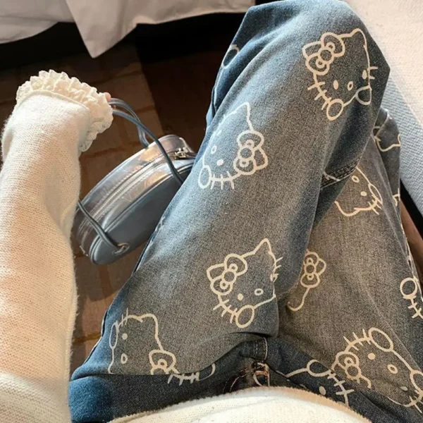 Y2K Hello Kitty Women Jeans Sanrios Cartoon Loose Anime Wide Leg Pants Cute American Retro Straight Leg Pants Sweet Girls Gift