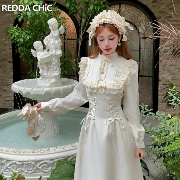 REDDACHiC Victorian Frilly Babydoll Dress Women Patron Saint Ribbon Long Puff Sleeves Lace Up One-piece Coquette Vintage Clothes