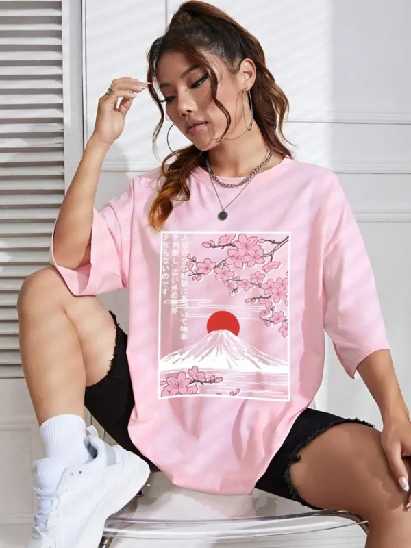 Japanese Style Women Cotton T-shirts Mount Fuji & Cherry Blossoms Printing Tee Summer Casual O-Neck Loose Short Sleeve Clothes