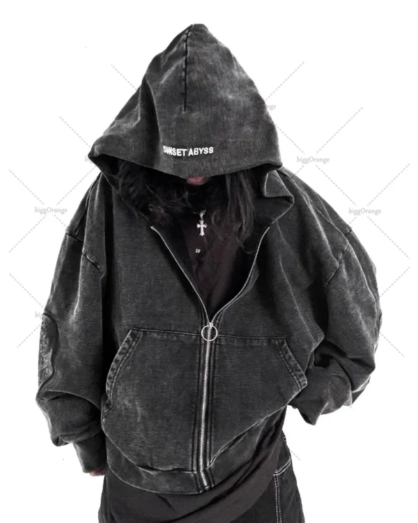 Gothic washed embroidered men hoodie retro hip-hop Y2k zipper hoodie fashionable street pure cotton overweight couple sportswear