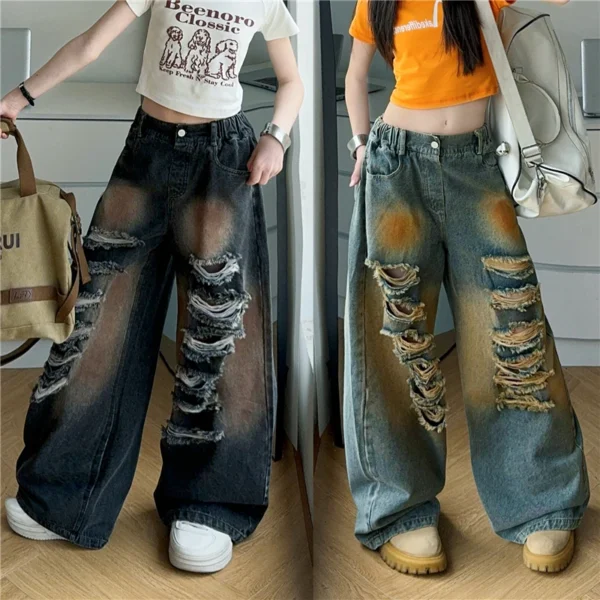 Child Vintage Heavy Broken Jeans with Hole for Kids Girls y2k Clothes Harajuku Hip Hop Washed Distressed Baggy Denim Pants 5-14Y