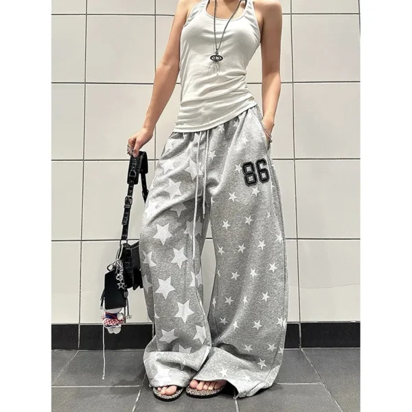 American Retro Star Print Elastic Waist Sweatpants Loose Casual Wide Leg Drawstring Long Pants Unisex Comfortable All-Match
